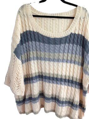 POL Sweater Size L Oversized 3/4 Sleeve Round Neck Polyester Striped Easy Care